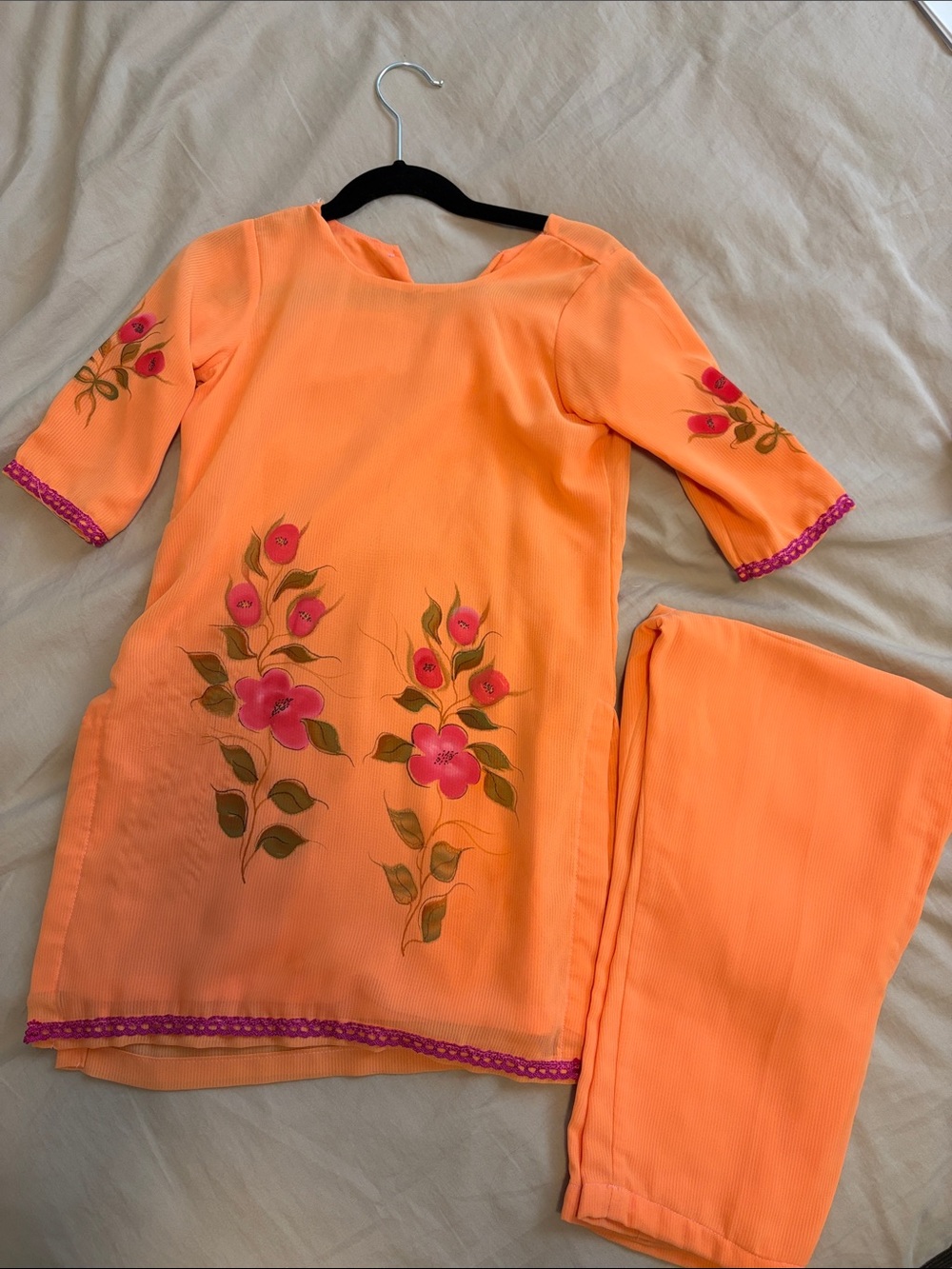 Girls Orange Painted Punjabi Suit with Duputta